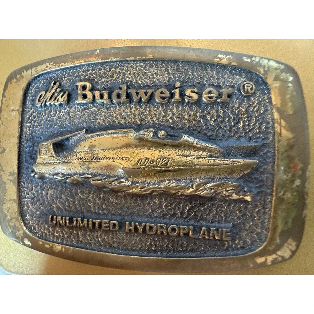 Vintage Miss Budweiser Hydroplane Belt Buckle USA Made Solid Brass 1970s